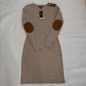 Lauren Ralph Lauren Lt Truffle jersey Dress with Brown Elbow Patches NWT  Xs